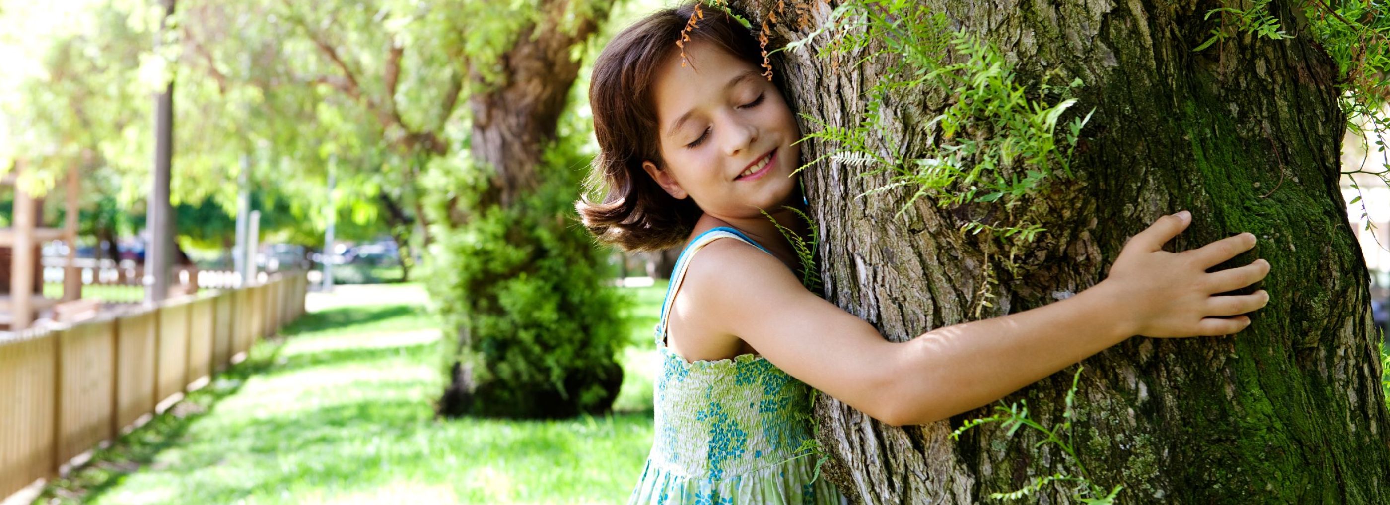 Young girl hugging a tree.